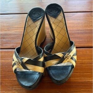 Authentic CHANEL Black and tan Wedge Sandals sz 7
